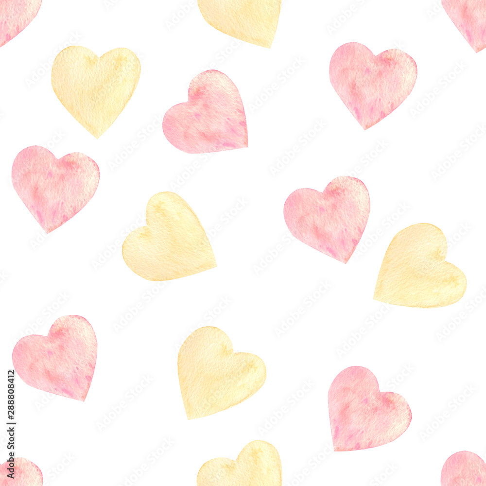 Watercolor hearts  seamless pattern. Yellow and pink romance symbols on white background. Pastel multicolor hearts. St Valentines day wrapping paper design. Romantic textile print