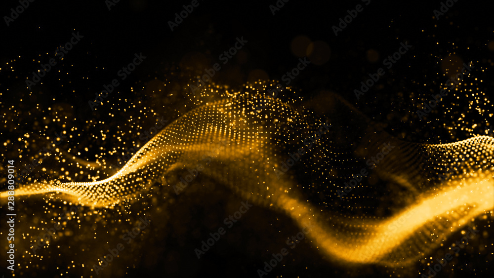 Gold color digital particles wave flow abstract technology background concept - obrazy, fototapety, plakaty 