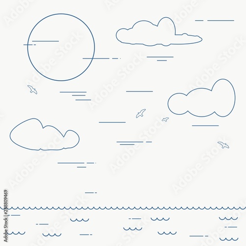 Outline style illustration of the ocean. Sun and clouds
