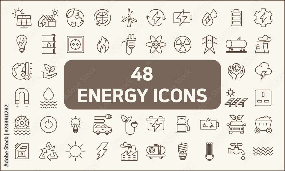 Set of 48 energy and ecology line style.  Contains such Icons as solar panels, oil, solar power, green energy, power socket, bulb, wind power generation, wind turbine and more.