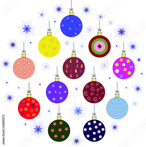   hristmas tree decorations set. Collection of vector  Christmas decoration balls  multicolored  isolated on white background