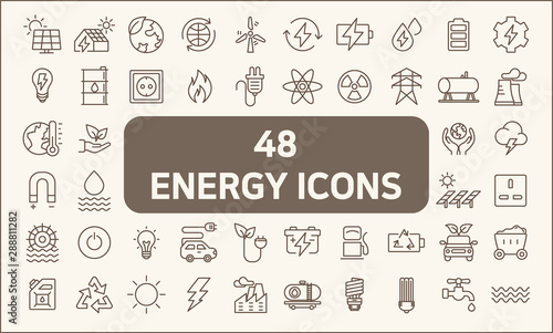 Set of 48 energy and ecology line style.  Contains such Icons as solar panels, oil, solar power, green energy, power socket, bulb, wind power generation, wind turbine and more.