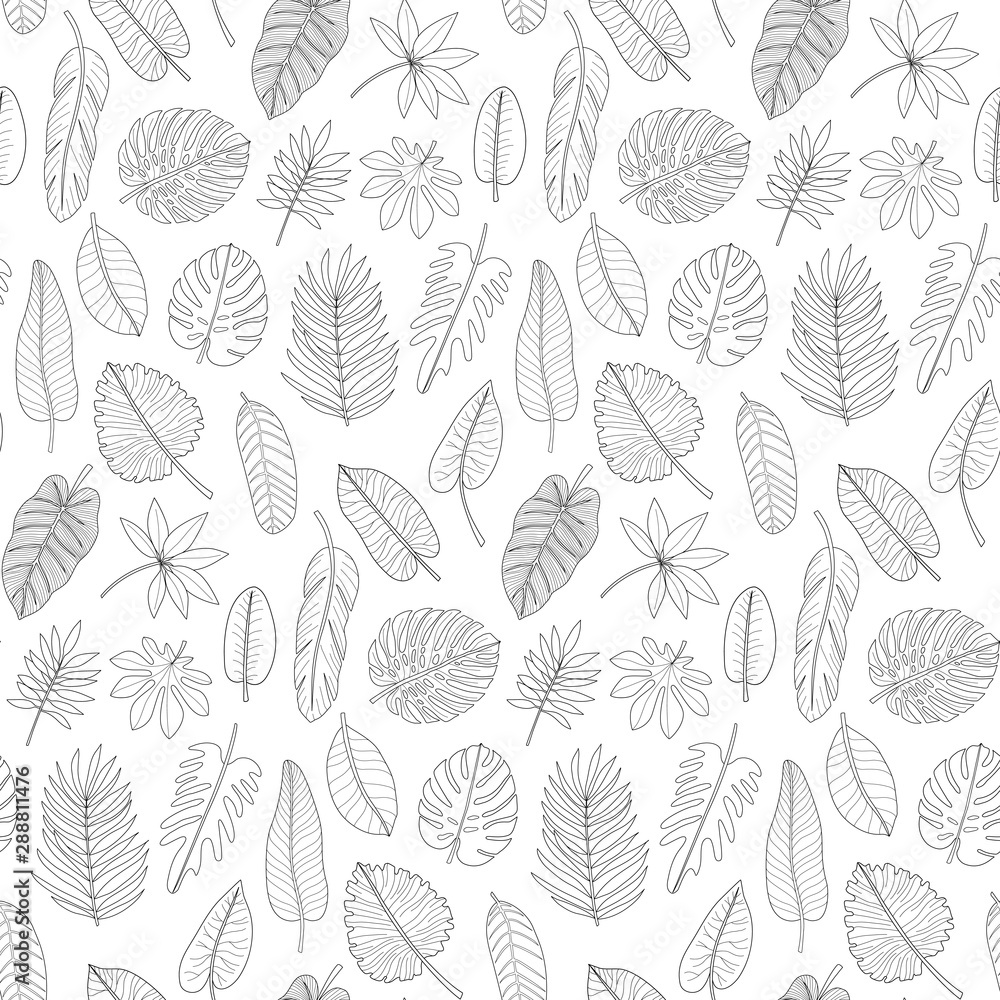 Leaves of tropical plants black and white outline seamless pattern - obrazy, fototapety, plakaty 
