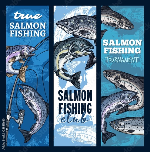 Fishing tournament, salmon fish and fishery rods