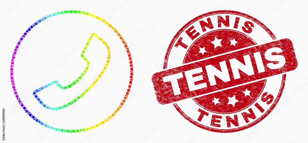 Pixelated spectrum phone call mosaic icon and Tennis seal stamp. Red vector rounded scratched seal with Tennis caption. Vector collage in flat style. Pixelated spectrum phone call mosaic icon and Tennis seal stamp. Red vector rounded scratched seal with Tennis caption. Vector collage in flat style.