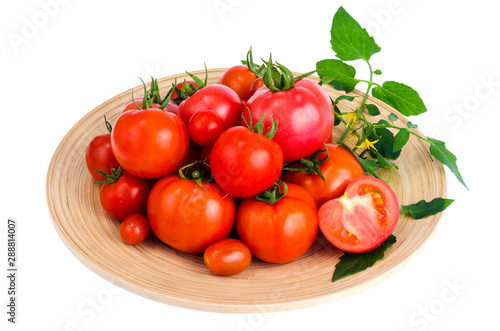 Wooden dish with different ripe tomatoes on white background.