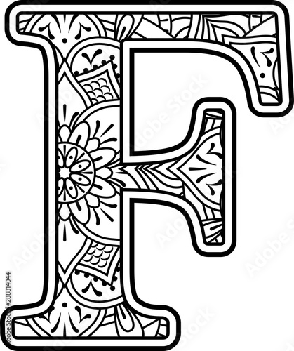 initial f in black and white with doodle ornaments and design elements from mandala art style for coloring. Isolated on white background