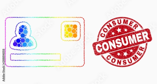 Dot bright spectral personal credit card mosaic pictogram and Consumer watermark. Red vector rounded textured seal stamp with Consumer text. Vector combination in flat style.
