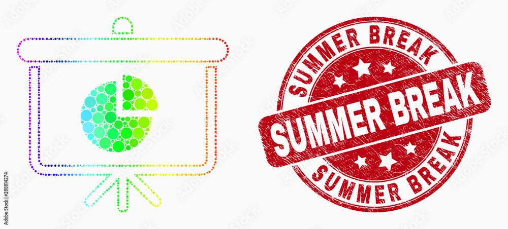 Pixel spectral pie chart demonstration board mosaic pictogram and Summer Break seal. Red vector round textured seal stamp with Summer Break phrase. Vector combination in flat style.
