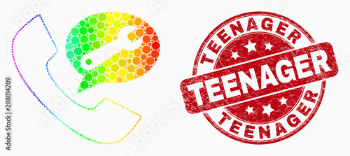Dot bright spectral phone service message mosaic icon and Teenager seal. Red vector round scratched seal stamp with Teenager text. Vector combination in flat style.