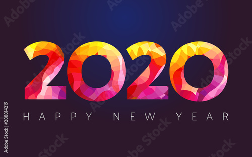 2020 A Happy New Year congrats. Stained glass logotype. Abstract isolated graphic design template. Xmas numbers. Red coloured emblem. Sale digits, 2 % or up to 20% percent off idea. Calender title.