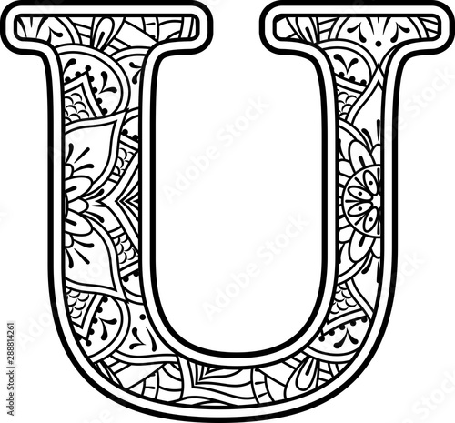 initial u in black and white with doodle ornaments and design elements from mandala art style for coloring. Isolated on white background