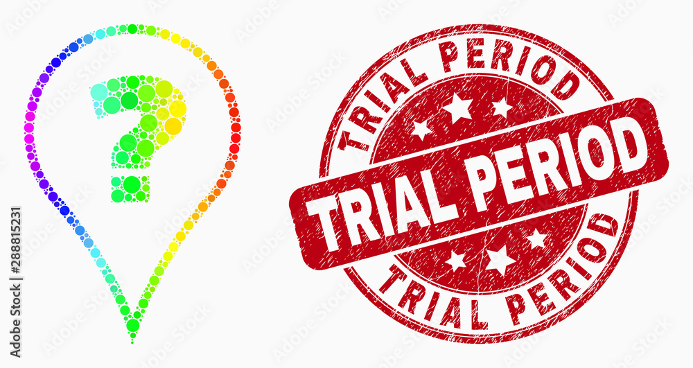Pixel spectral question mosaic icon and Trial Period seal stamp. Red vector round grunge seal stamp with Trial Period text. Vector collage in flat style. Pixel spectral question mosaic icon and Trial Period seal stamp. Red vector round grunge seal stamp with Trial Period text. Vector collage in flat style.