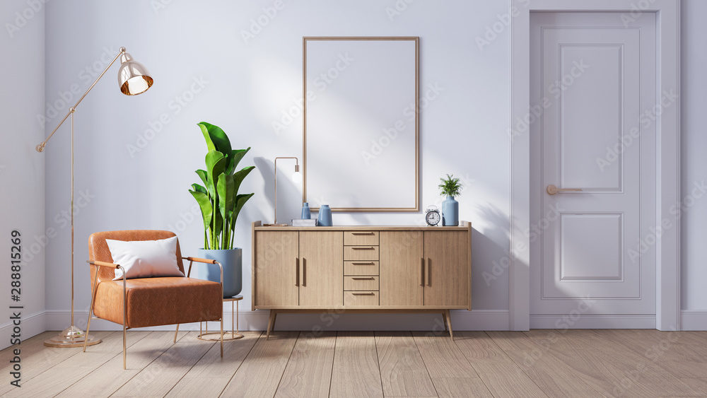 Modern mid century interior of living room ,leather armchair wood cabinet on white wall and wood floor ,fame mockup ,wall mock up ,3d render Modern mid century interior of living room ,leather armchair wood cabinet on white wall and wood floor ,fame mockup ,wall mock up ,3d render