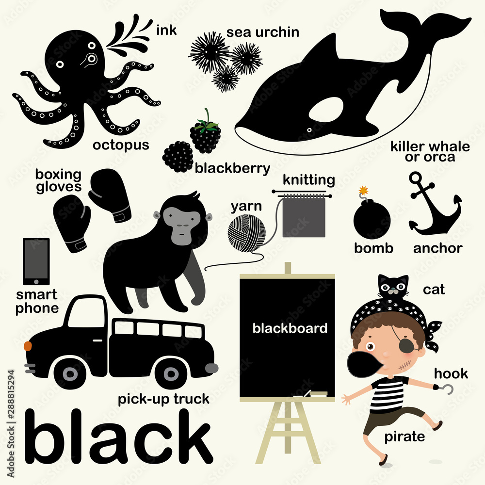 Learn black color, Educate color and vocabulary set, Illustration of ...