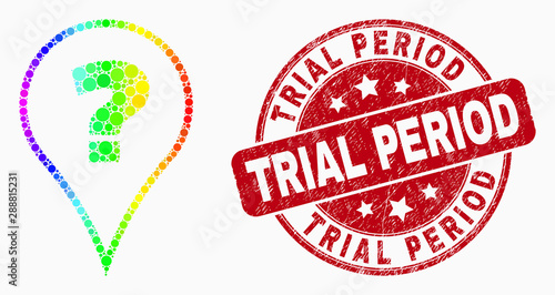 Pixel spectral question mosaic icon and Trial Period seal stamp. Red vector round grunge seal stamp with Trial Period text. Vector collage in flat style.