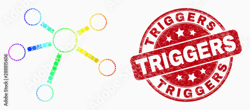 Dotted spectrum relation links mosaic icon and Triggers seal stamp. Red vector round textured seal stamp with Triggers phrase. Vector composition in flat style.