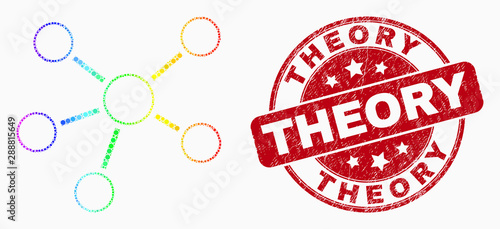 Dot bright spectral relations mosaic icon and Theory seal stamp. Red vector round grunge seal stamp with Theory message. Vector collage in flat style.