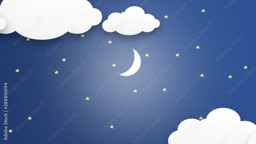 Cartoon Clouds, Stars and Moon On Dark Blue Sky Background at Night. loop Cartoon Clouds, Stars and Moon On Dark Blue Sky Background at Night. loop