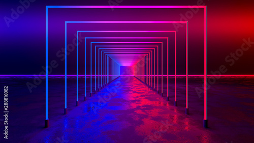 Rectangle  neon light  with blackground and concrete floor ultraviolet  concept 3d render