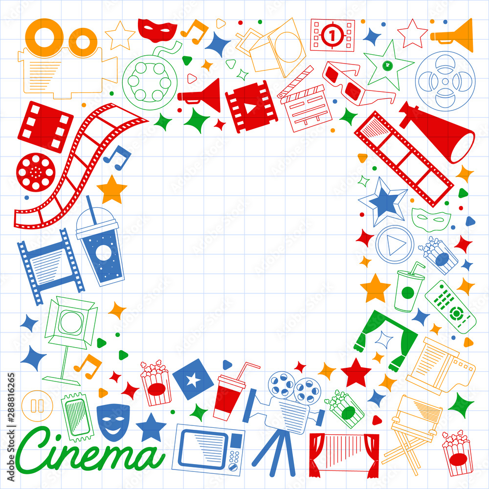 Vector pattern with cinema icons. Movie Theater, TV, popcorn, video clips, musical Vector pattern with cinema icons. Movie Theater, TV, popcorn, video clips, musical