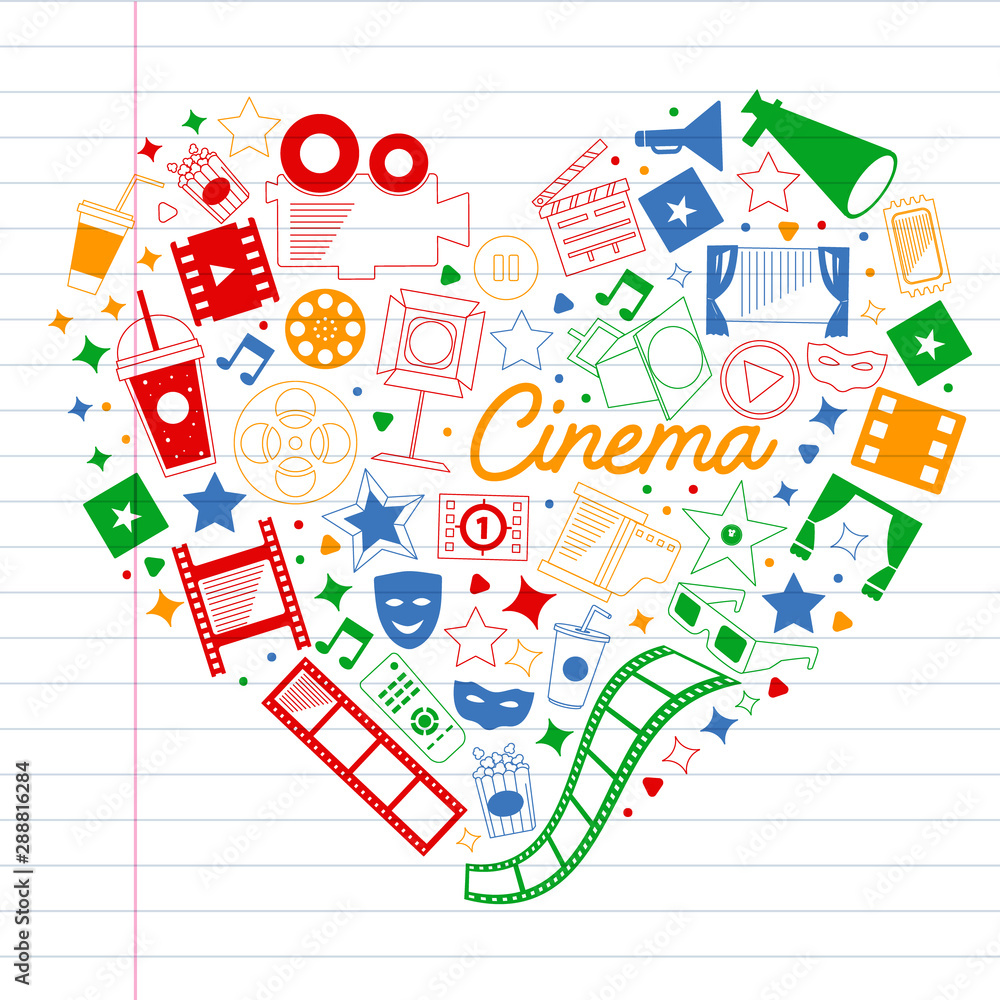 Vector pattern with cinema icons. Movie Theater, TV, popcorn, video clips, musical Vector pattern with cinema icons. Movie Theater, TV, popcorn, video clips, musical