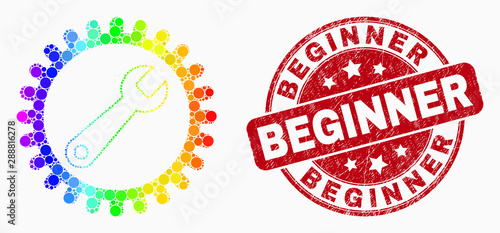 Pixelated spectral repair wrench mosaic pictogram and Beginner seal stamp. Red vector rounded distress seal stamp with Beginner message. Vector collage in flat style.