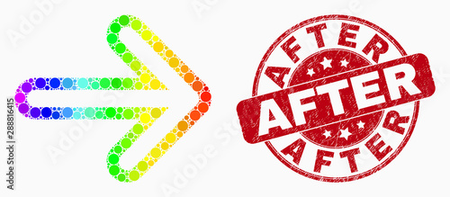 Pixelated rainbow gradiented right direction arrow mosaic pictogram and After seal. Red vector rounded textured seal stamp with After title. Vector combination in flat style.
