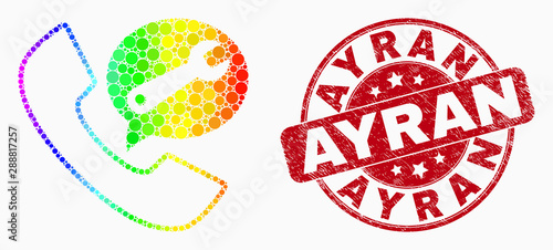 Dotted spectral service phone call mosaic pictogram and Ayran watermark. Red vector round scratched seal stamp with Ayran message. Vector composition in flat style.