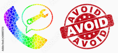 Pixelated spectral service phone call mosaic pictogram and Avoid seal. Red vector round distress seal with Avoid caption. Vector composition in flat style.