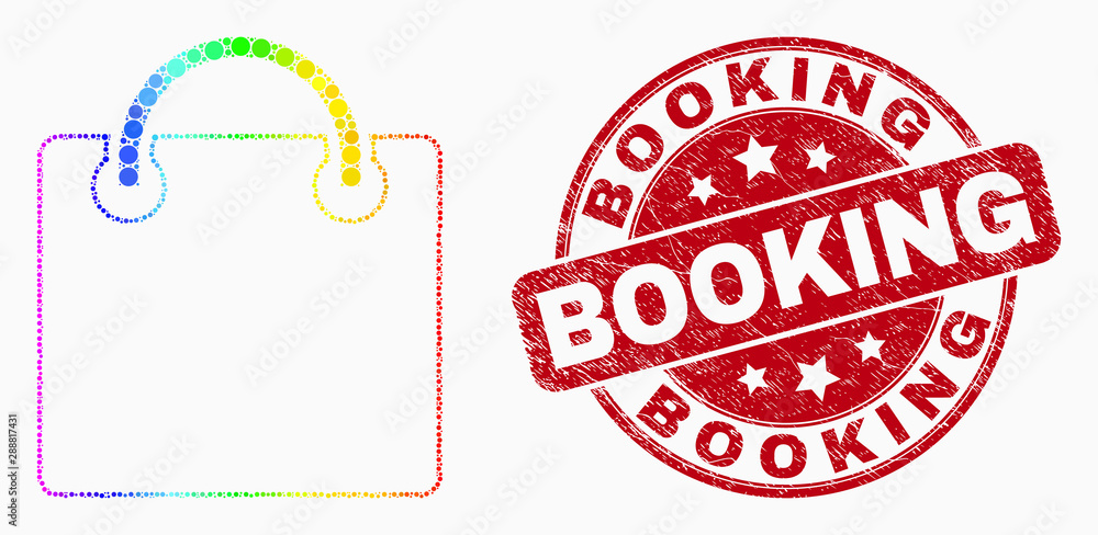 Dot bright spectral shopping bag mosaic icon and Booking seal. Red vector rounded grunge seal stamp with Booking title. Vector composition in flat style.