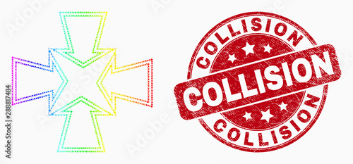 Pixel bright spectral shrink arrows mosaic icon and Collision stamp. Red vector rounded textured seal stamp with Collision phrase. Vector combination in flat style.