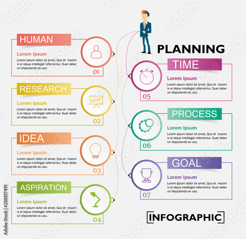 business infographic timeline design template and steps for shopping with icons and 7 steps. Can be used for workflow layouts, diagrams, annual reports, web design.