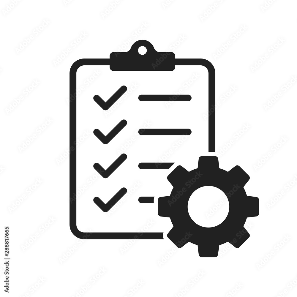 Clipboard with gear isolated icon. Technical support check list icon. Management flat icon concept. Software development. Clipboard with gear isolated icon. Technical support check list icon. Management flat icon concept. Software development.