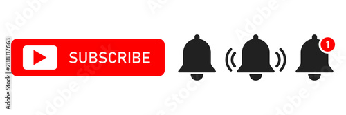 Subscribe red button abd notification bells isolated symbols. Smartphone social media interface. Message bell icon. photo