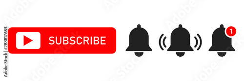 Subscribe red button abd notification bells isolated symbols. Smartphone social media interface. Message bell icon.
