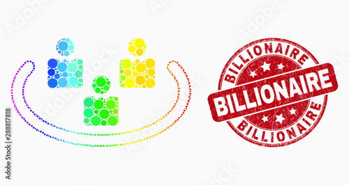 Pixel spectral social ring mosaic pictogram and Billionaire seal. Red vector round grunge seal stamp with Billionaire title. Vector composition in flat style.