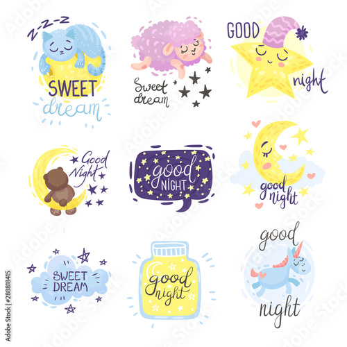 Obraz na płótnie Set of cute pictures with the inscription Good night. Vector illustration on a white background.