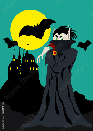 Halloween vampire banner/ Illustration banner with cartoon vampire, moon and a castle in the background
