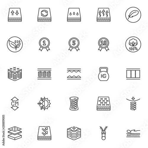 Orthopedic sleep line icons set. linear style symbols collection outline signs pack. vector graphics. Set includes icons as orthopedic mattress layers, breathable, spring, zipper, warranty certificate