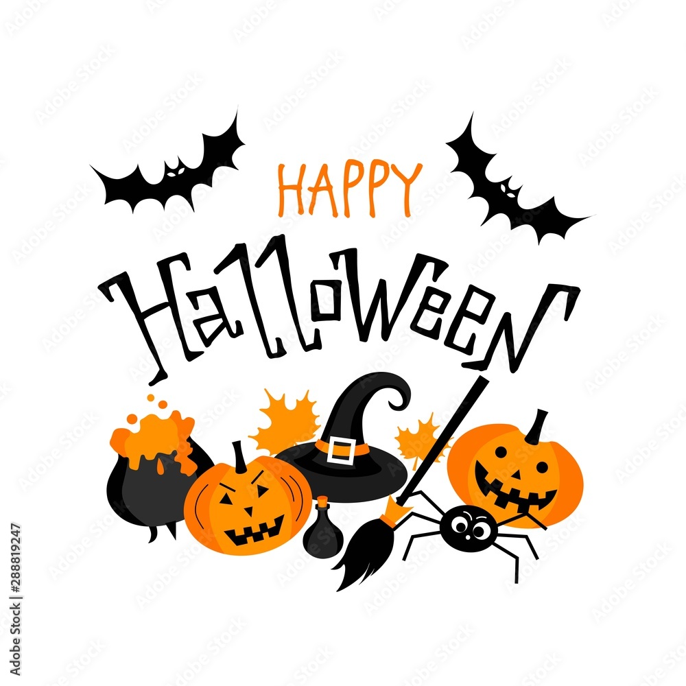 Happy Halloween. Hand drawn lettering and illustration. Vector illustration. Best banner for Halloween party Happy Halloween. Hand drawn lettering and illustration. Vector illustration. Best banner for Halloween party