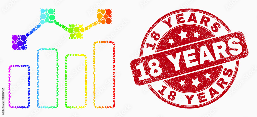 Pixel rainbow gradiented trend chart mosaic pictogram and 18 Years seal stamp. Red vector rounded distress watermark with 18 Years message. Vector combination in flat style. Pixel rainbow gradiented trend chart mosaic pictogram and 18 Years seal stamp. Red vector rounded distress watermark with 18 Years message. Vector combination in flat style.