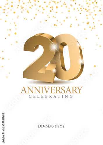 Anniversary 20. gold 3d numbers. Poster template for Celebrating 20th anniversary event party. Vector illustration