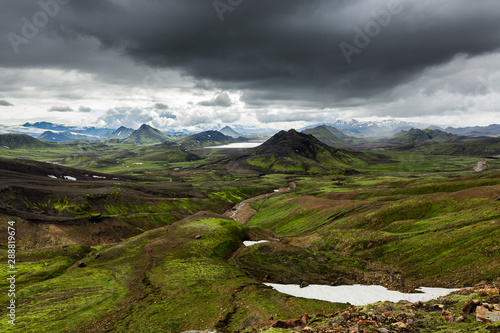 Epic Icelandic Landscape. Green hills in Landmannalaugar national park. Trekking in Iceland.