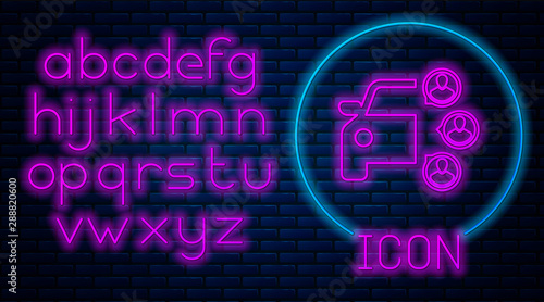 Glowing neon Car sharing with group of people icon isolated on brick wall background. Carsharing sign. Transport renting service concept. Neon light alphabet. Vector Illustration