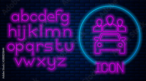 Glowing neon Car sharing with group of people icon isolated on brick wall background. Carsharing sign. Transport renting service concept. Neon light alphabet. Vector Illustration
