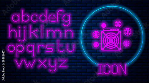 Glowing neon ASIC Miner icon isolated on brick wall background. Cryptocurrency mining equipment and hardware. Application specific integrated circuit. Neon light alphabet. Vector Illustration
