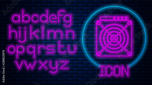 Glowing neon ASIC Miner icon isolated on brick wall background. Cryptocurrency mining equipment and hardware. Application specific integrated circuit. Neon light alphabet. Vector Illustration