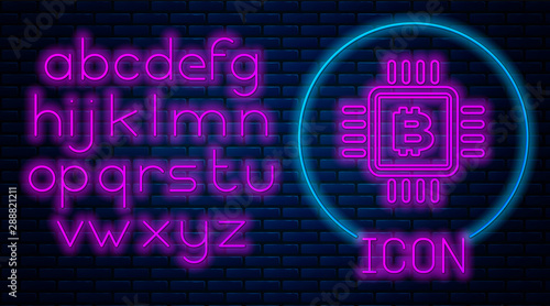 Glowing neon CPU mining farm icon isolated on brick wall background. Bitcoin sign inside microchip. Cryptocurrency mining community. Digital money. Neon light alphabet. Vector Illustration