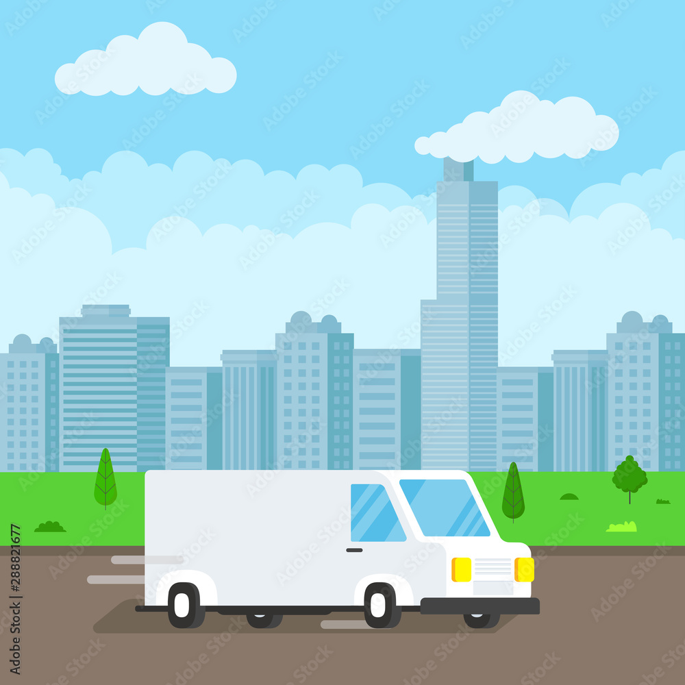 Fast delivery truck service on the road. Car van with city landscape behind flat style design vector illustration isolated on light blue background.  Symbol of delivery company.